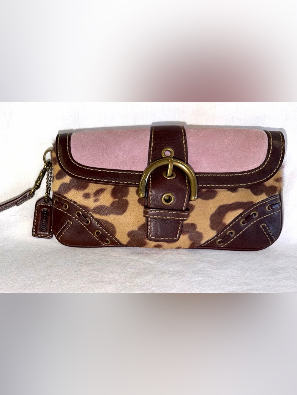 Coach Soho Y2K Leopard Haircalf Pink Suede Leather Wristlet Clutch